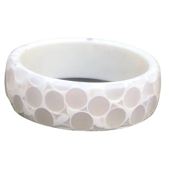 Chunky Vintage White Lucite Bangle Bracelet with Encased Mother of Pearl Polka D - Picture 3 of 7